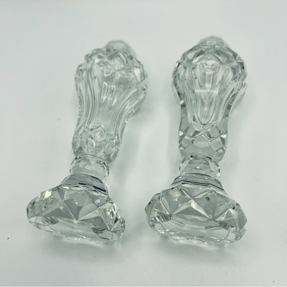 Vintage Cut Crystal Pedestal Salt & Pepper Shakers W Hard Plastic Tops 5.5" High